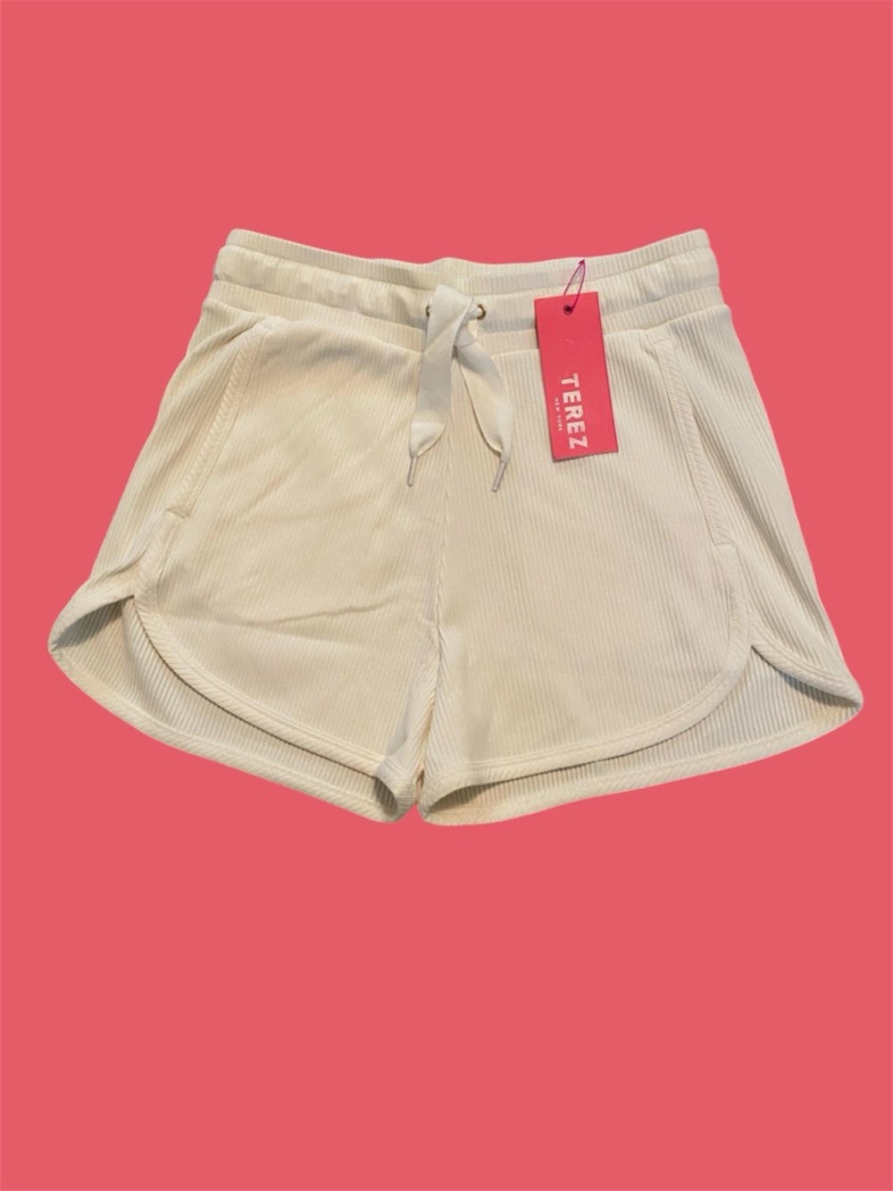 New! Terez Cream Ribbed Drawstring Athletic Shorts, Size Small